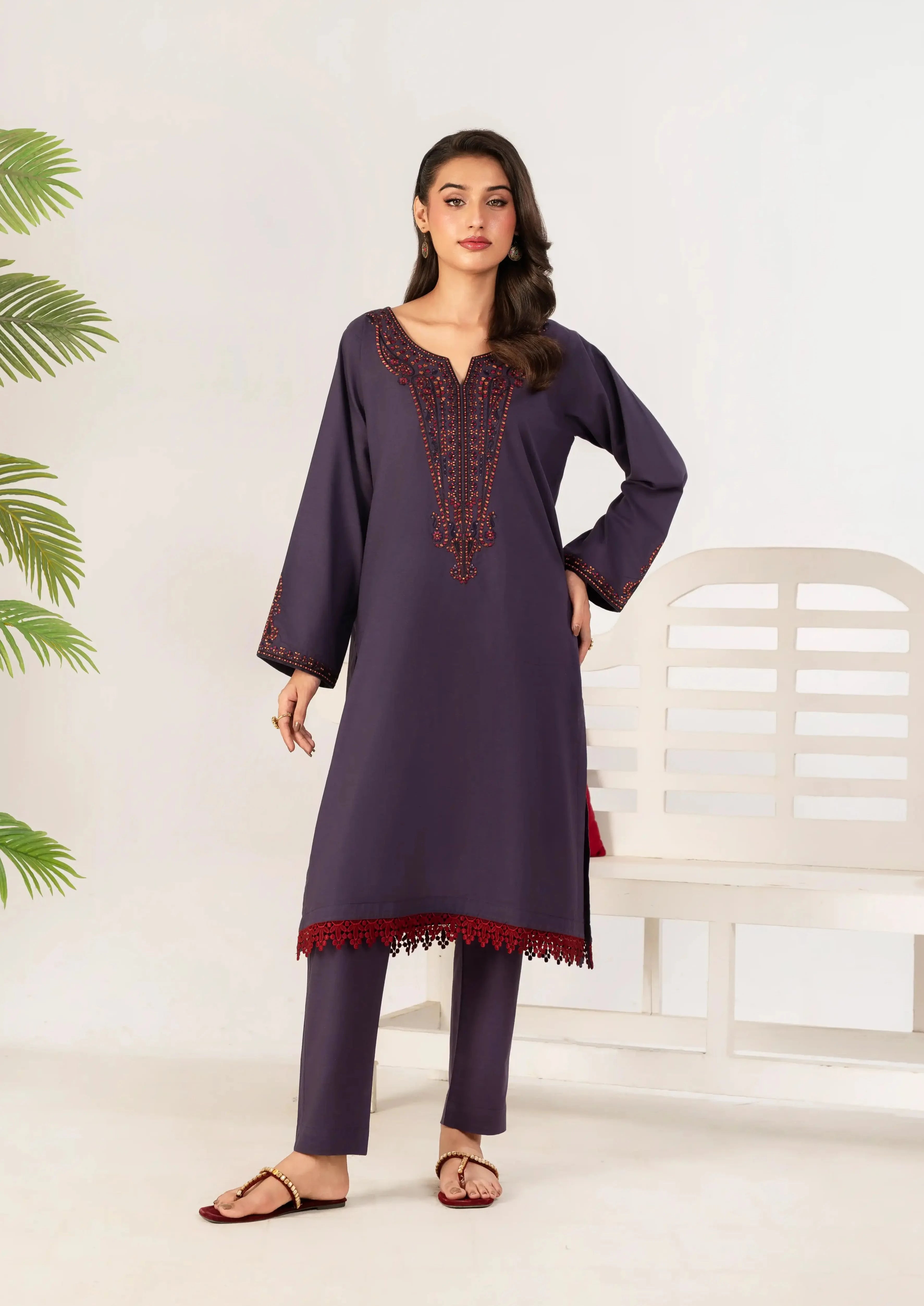 2 Piece Embroidery Suit (purple)
