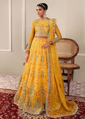 Model wearing mehndi lehenga in embroidered organza by Buraqstore