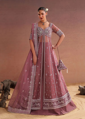 Model wearing pink lehenga pret in embroidered tissue silk by Buraqstore
