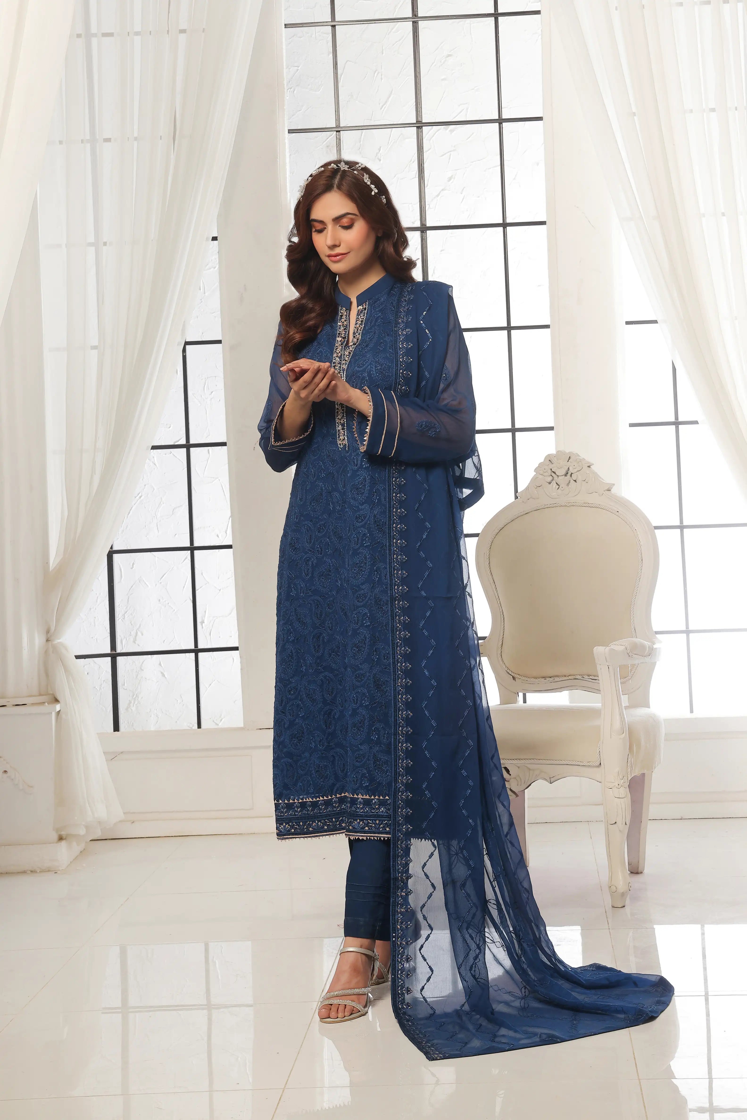 Royal Blue SEM-0785 Embroidered Chiffon Pret 3Pcs