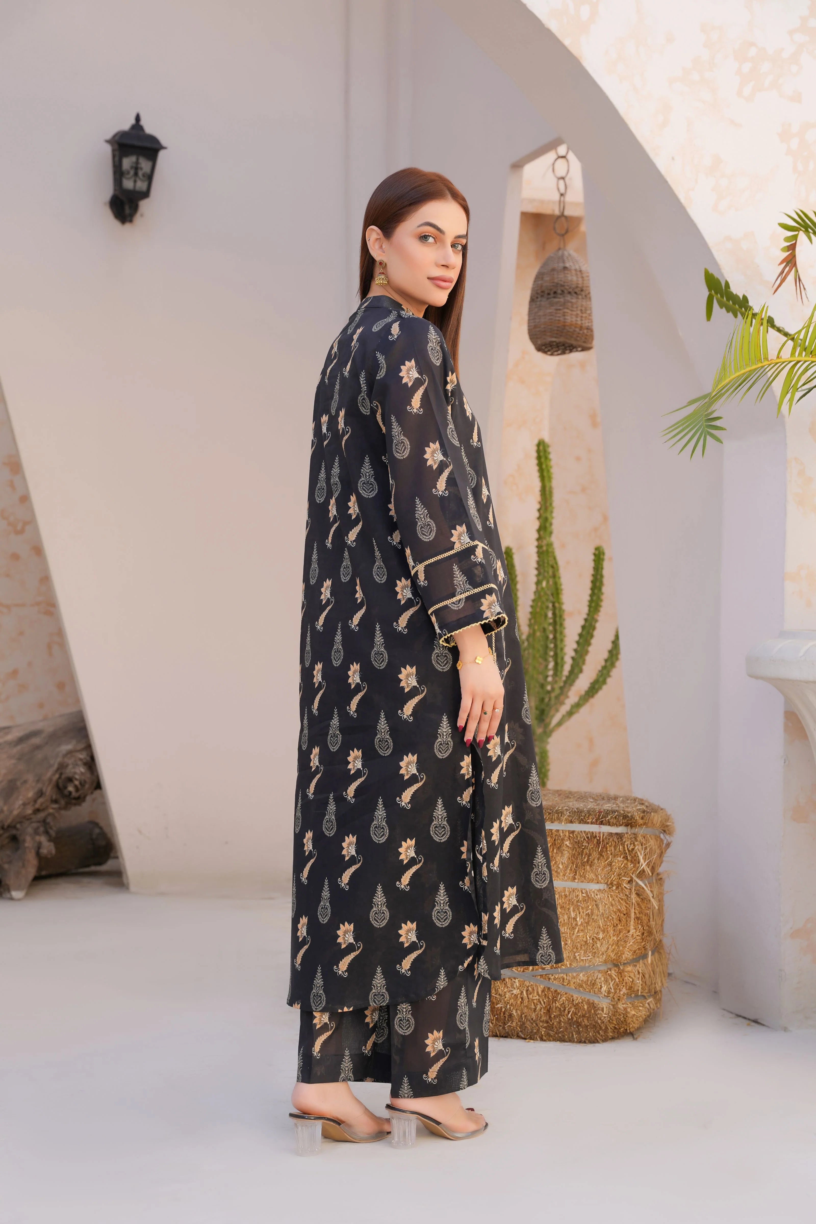 woman showcasing Buraqstore black floral outfit with black dress for women styling and lightweight fabric