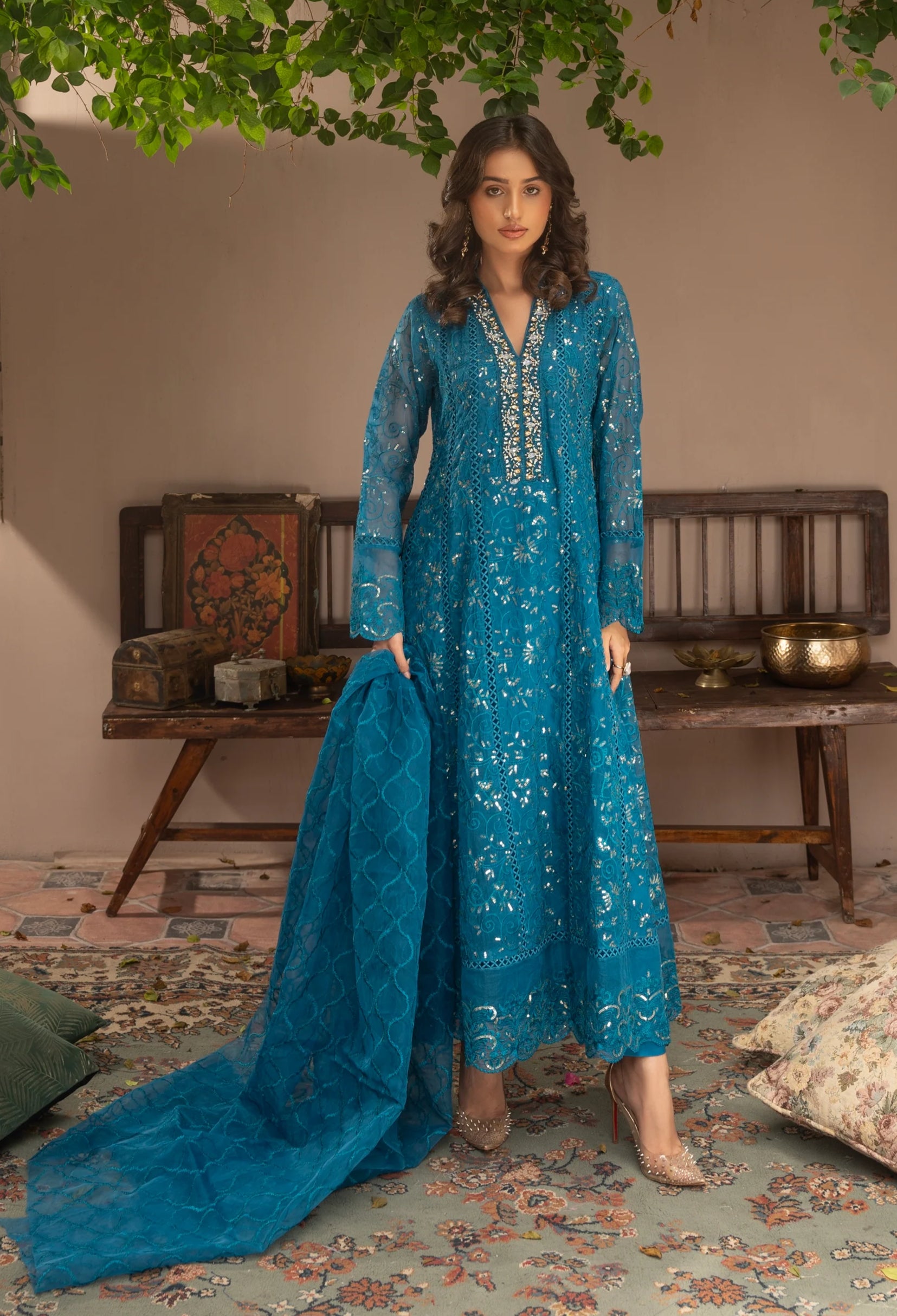 K-151-TEAL Embroidered Organza Pret 3Pcs