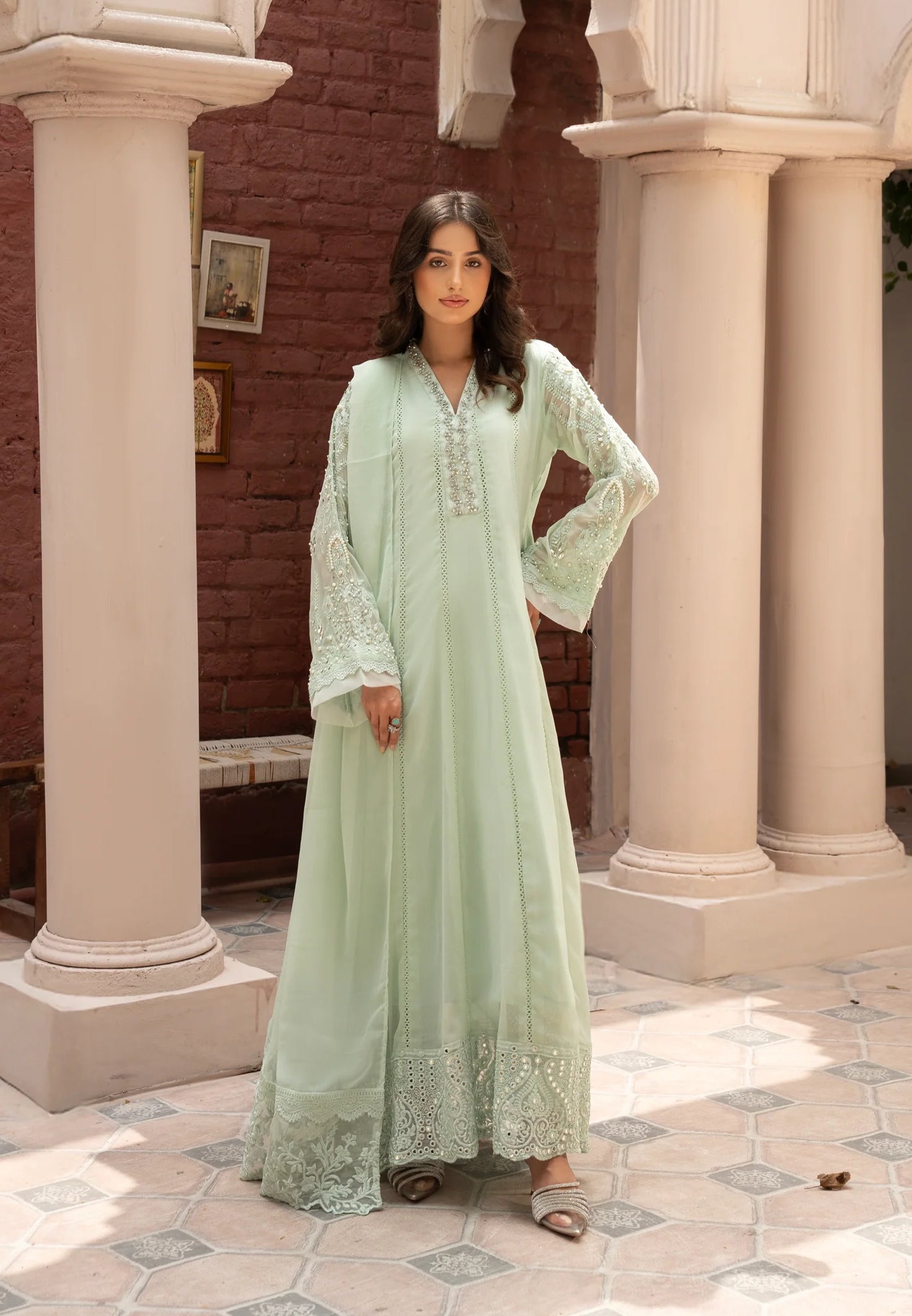 K-165-PASTEL GREEN Embroidered Chiffon Pret 3Pcs