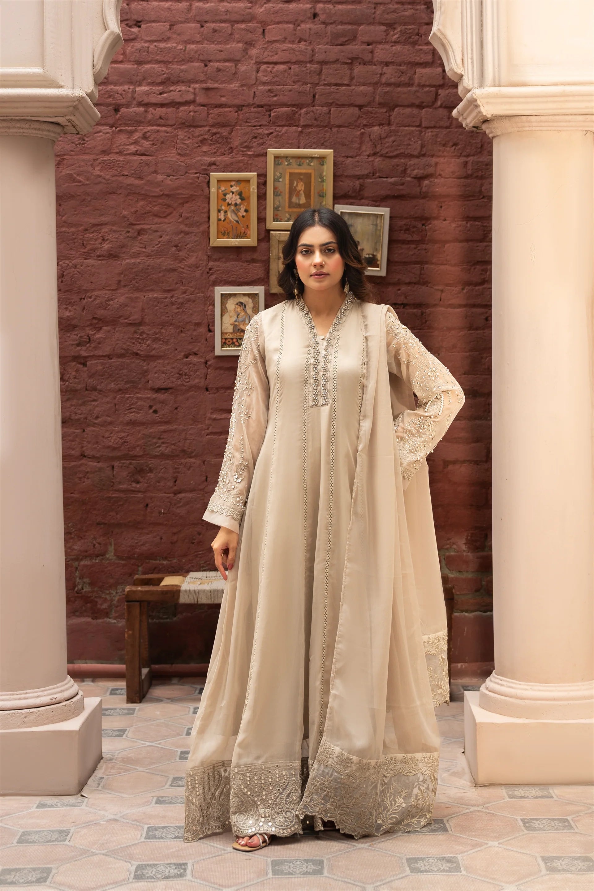 K-165-TAN BROWN Embroidered Chiffon Pret 3Pcs