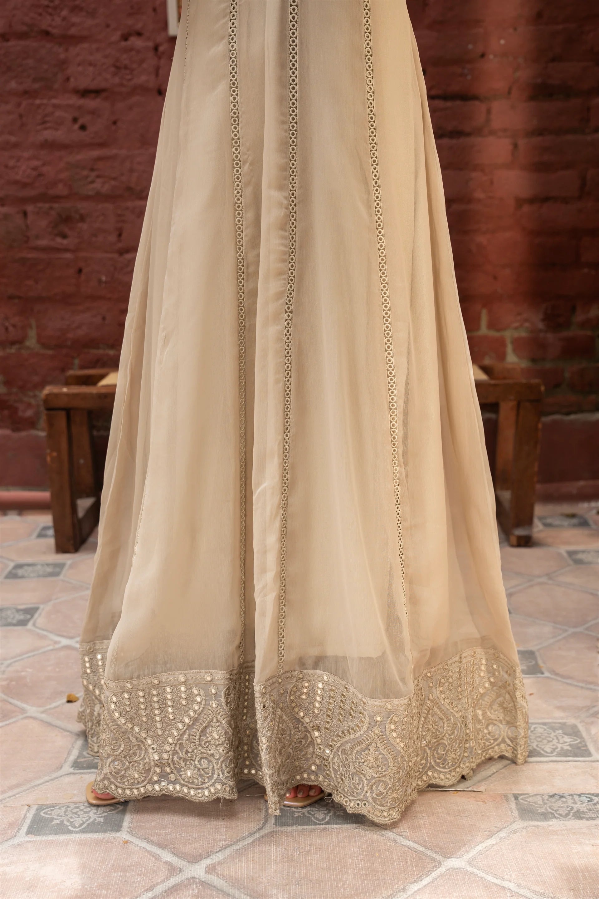 K-165-TAN BROWN Embroidered Chiffon Pret 3Pcs