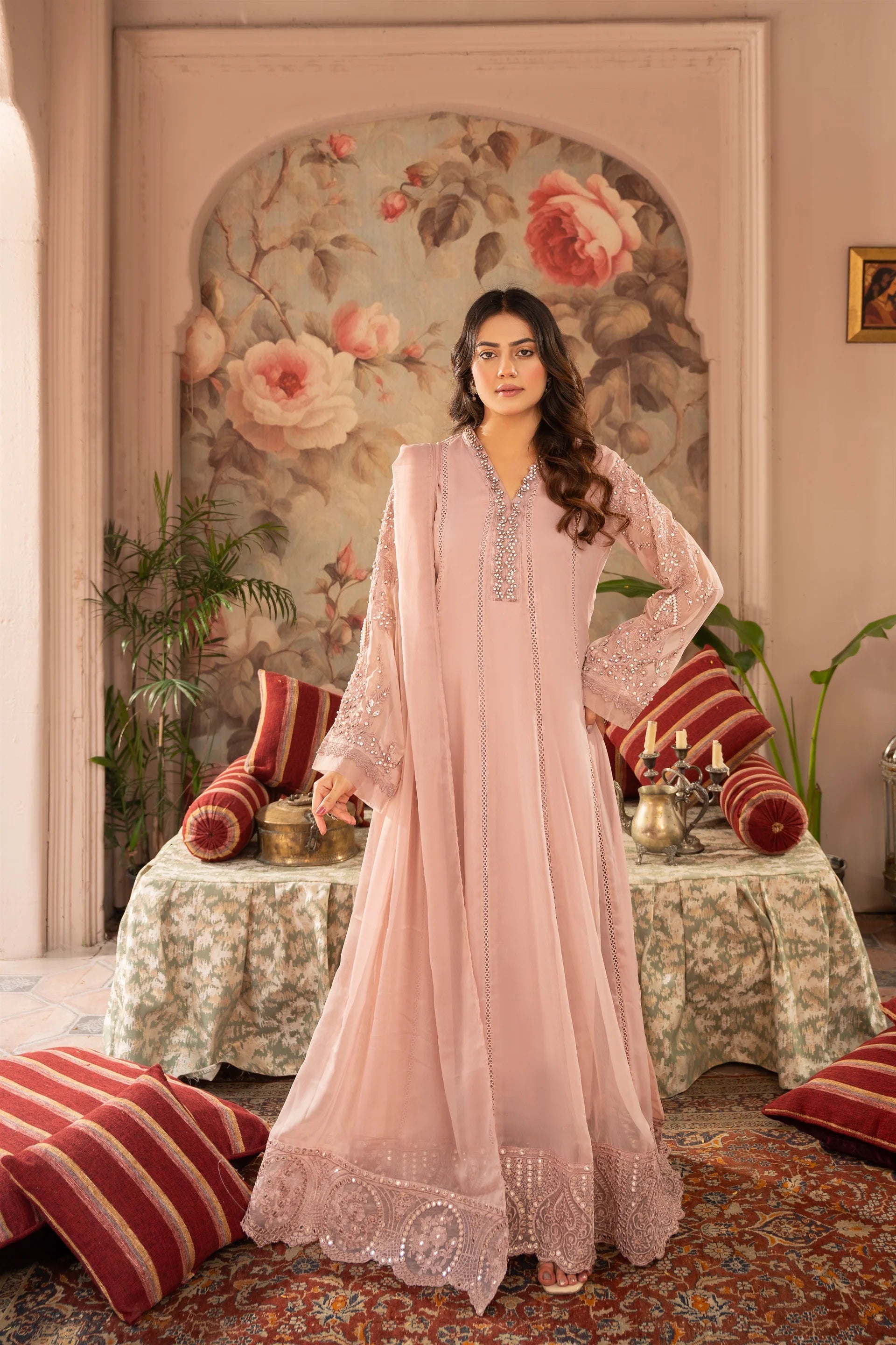 K-165-TEA ROSE PINK Embroidered Chiffon Pret 3Pcs