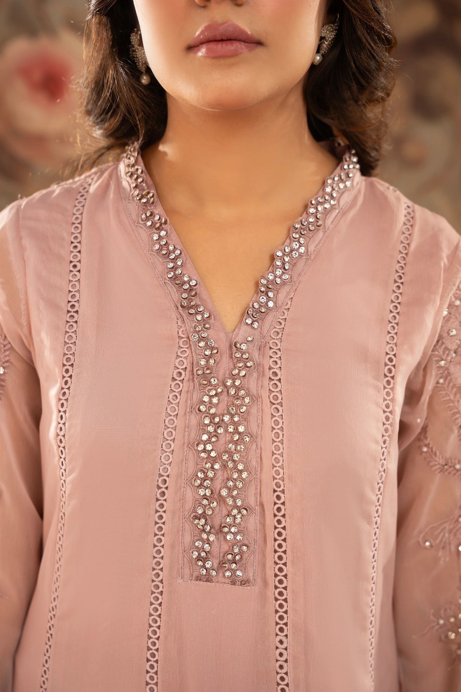 K-165-TEA ROSE PINK Embroidered Chiffon Pret 3Pcs