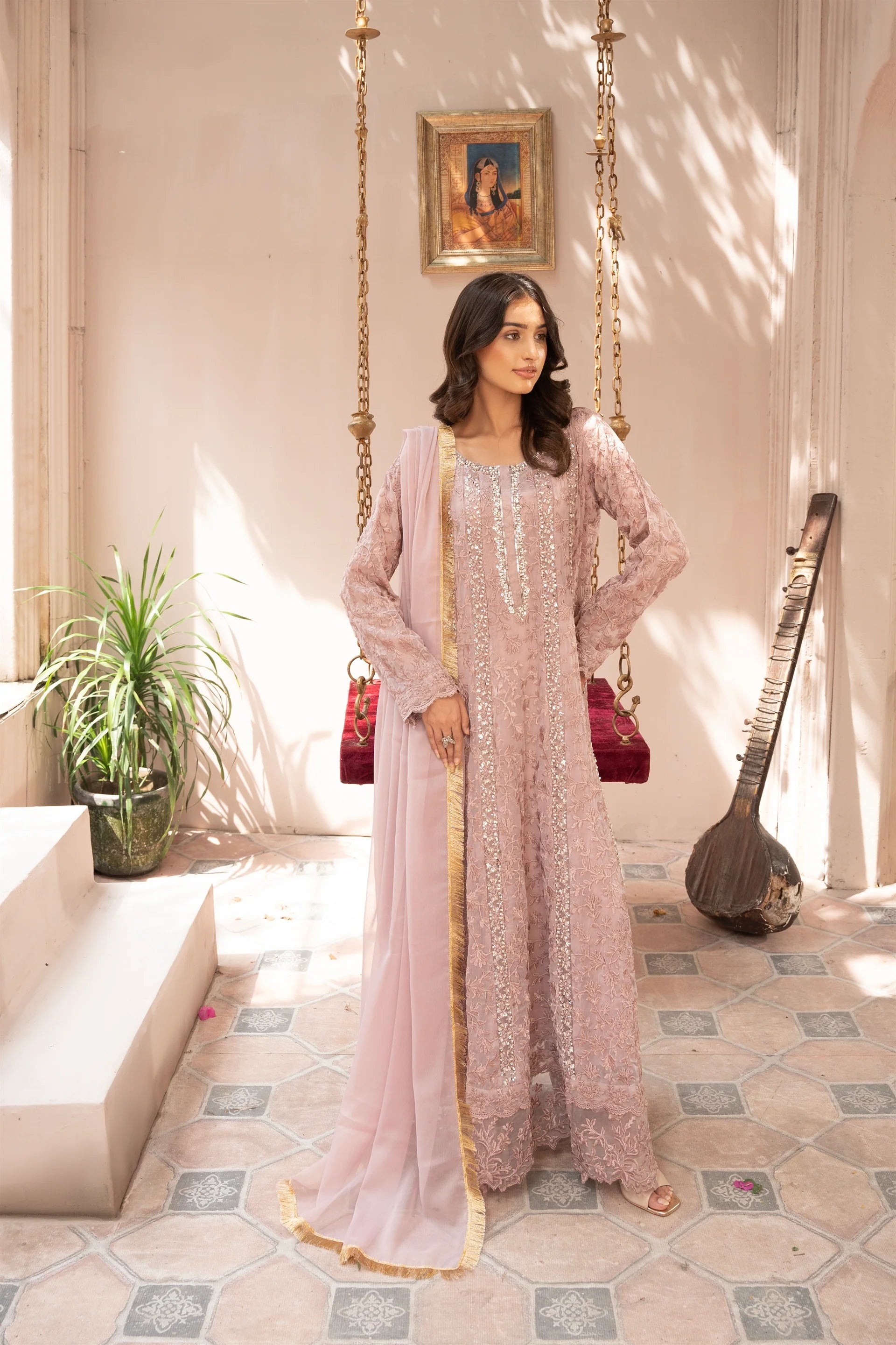 K-169-TEA ROSE PINK Embroidered Chiffon Pret 3Pcs