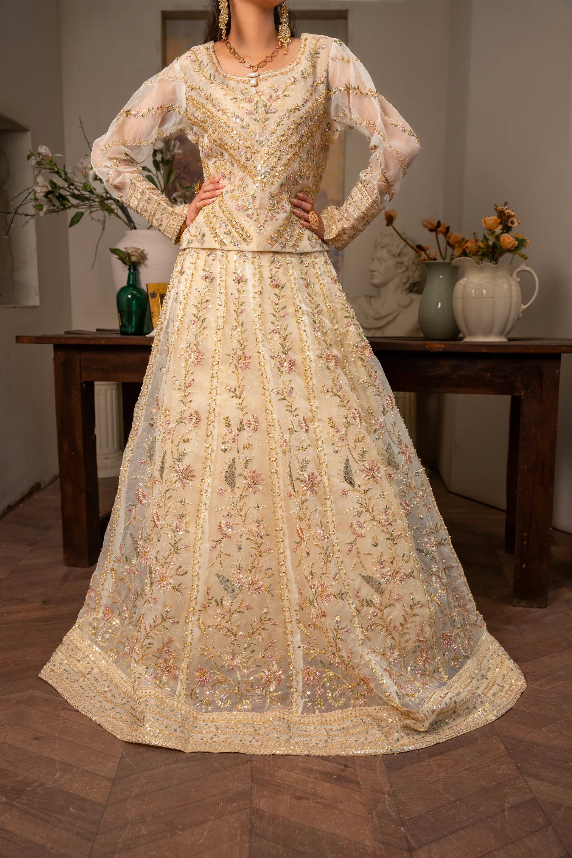 LUXURY-001-BEIGE Embroidered Organza Pret 3Pcs