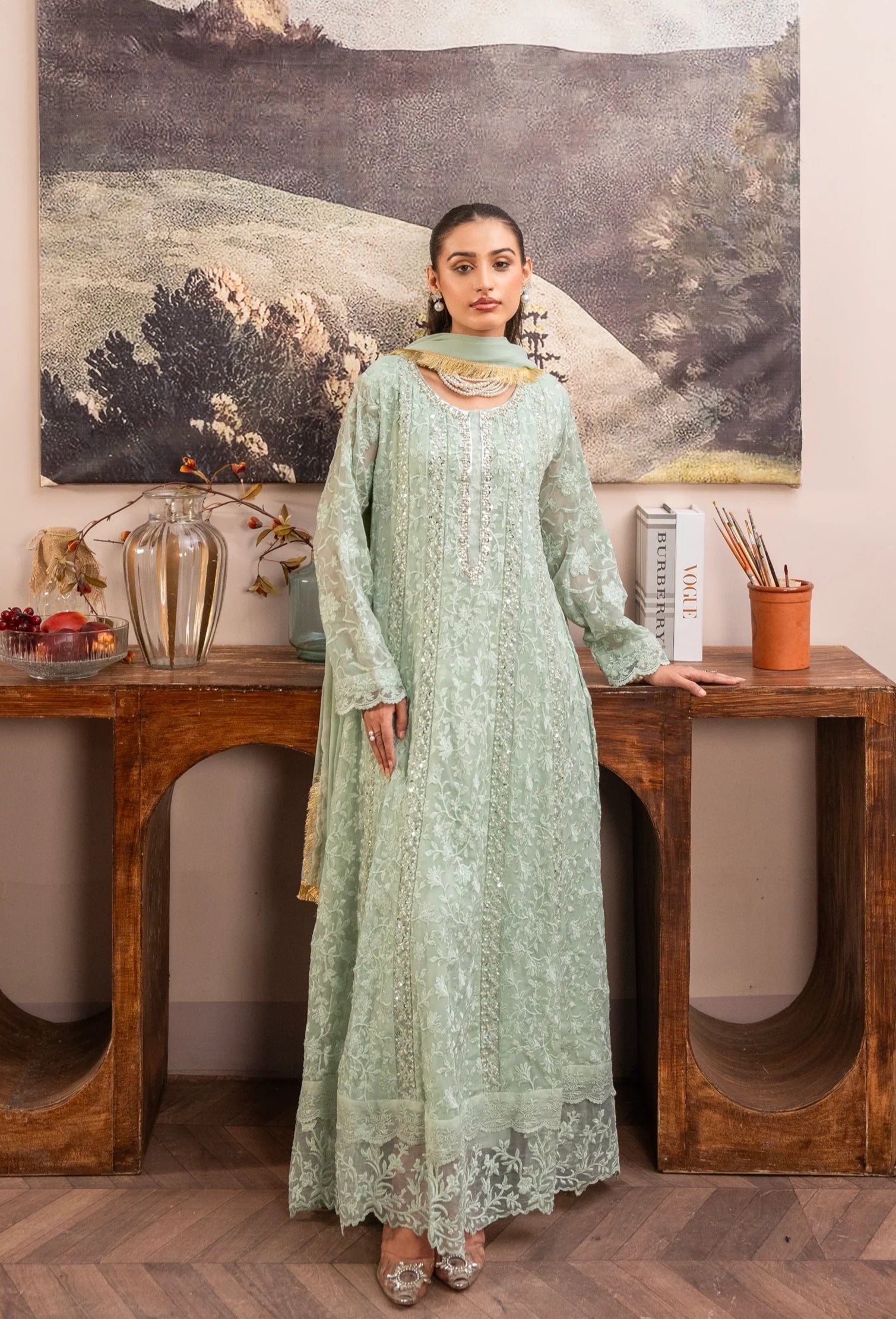 K-169-MINT GREEN Embroidered Chiffon Pret 3Pcs