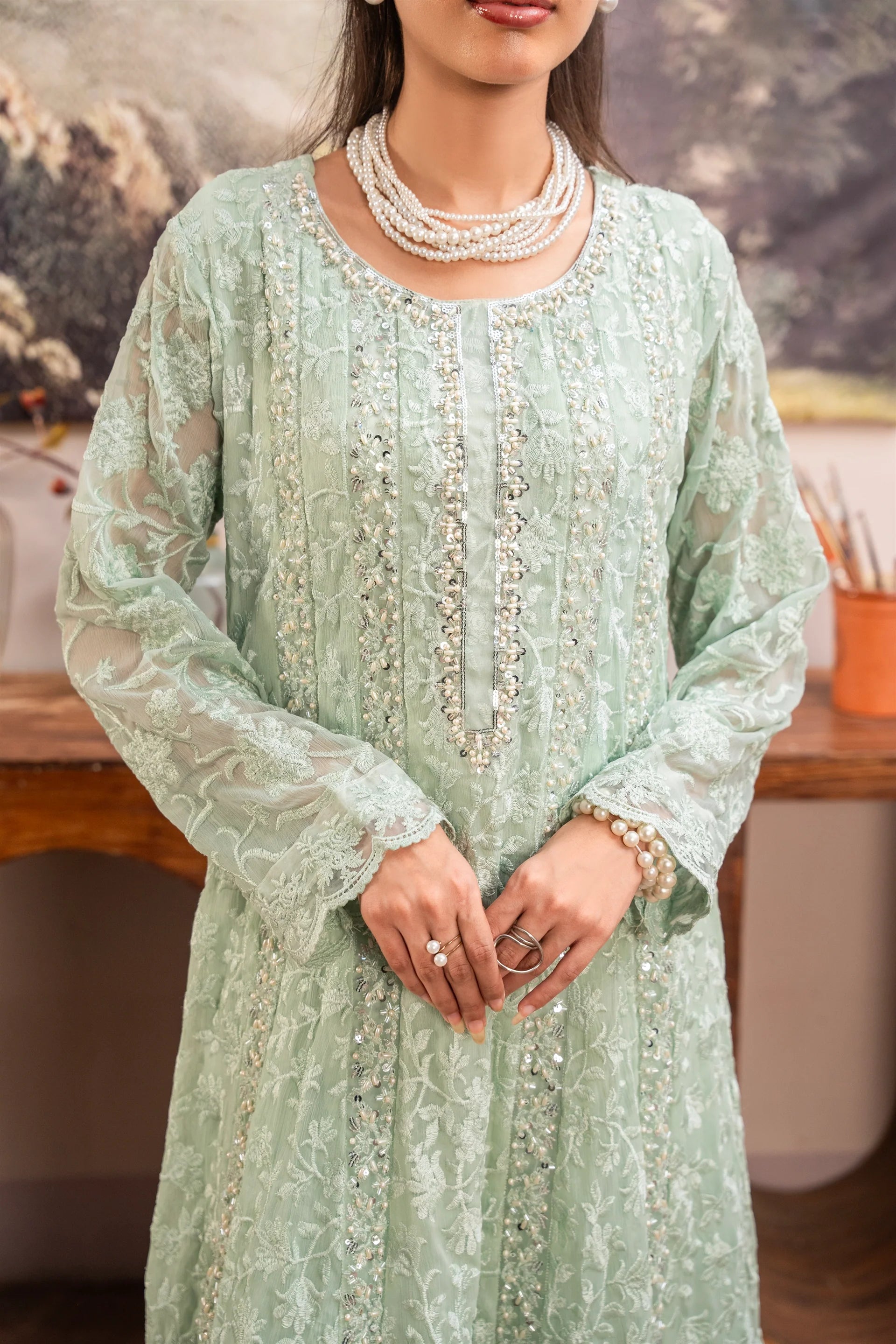 K-169-MINT GREEN Embroidered Chiffon Pret 3Pcs