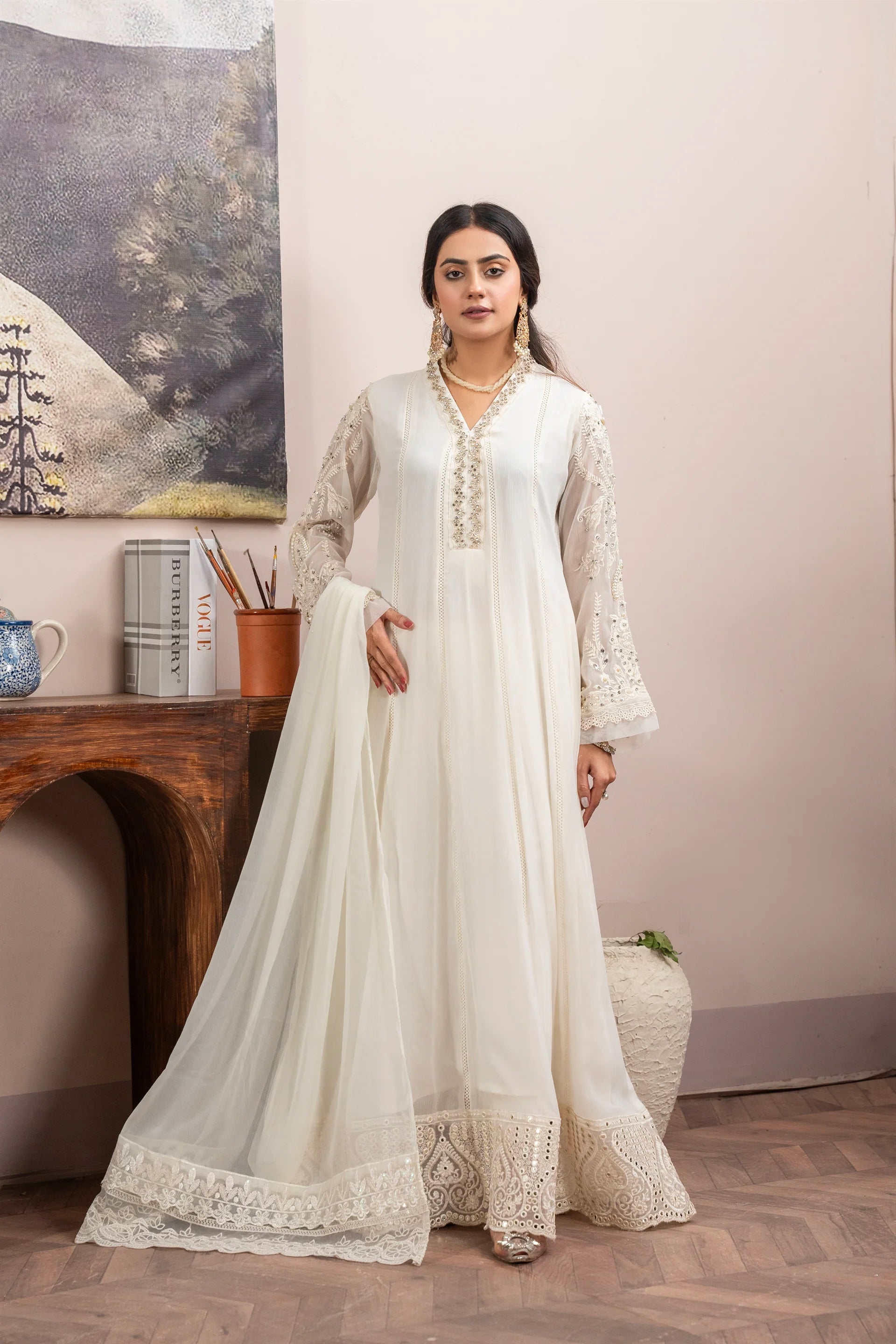 K-165-OFF WHITE Embroidered Chiffon Pret 3Pcs