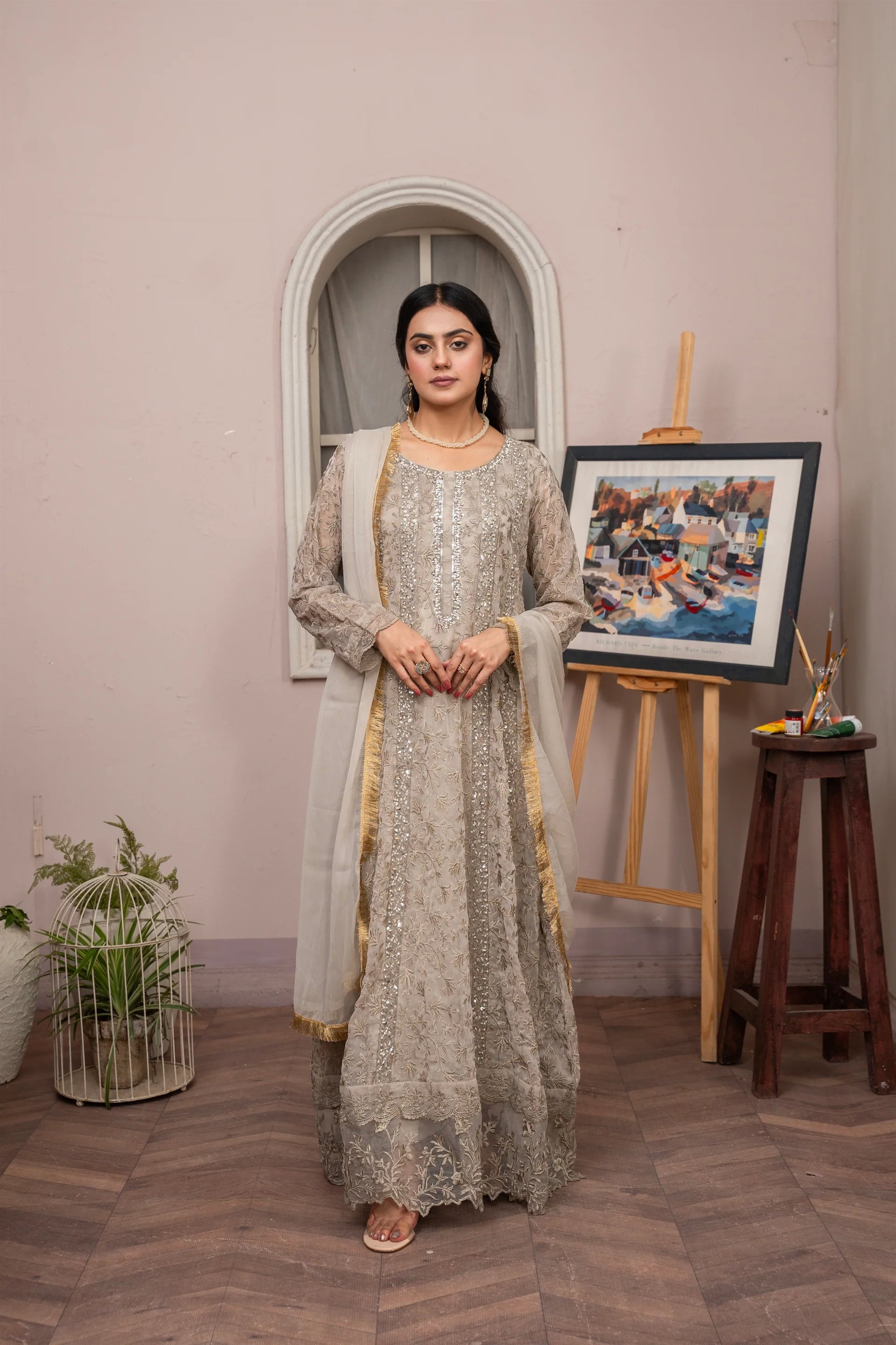 K-169-CAMEL BROWN Embroidered Chiffon Pret 3Pcs