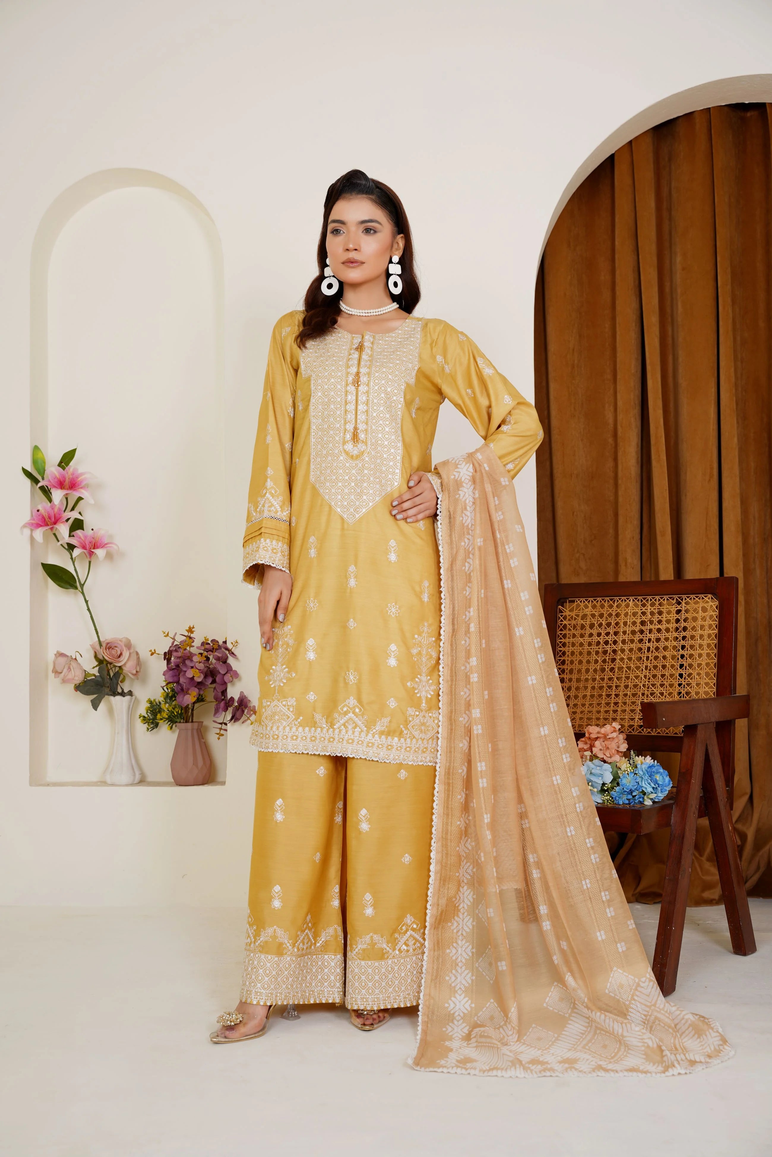Golden Mustard Embroidered Viscose Pret 3 PCs