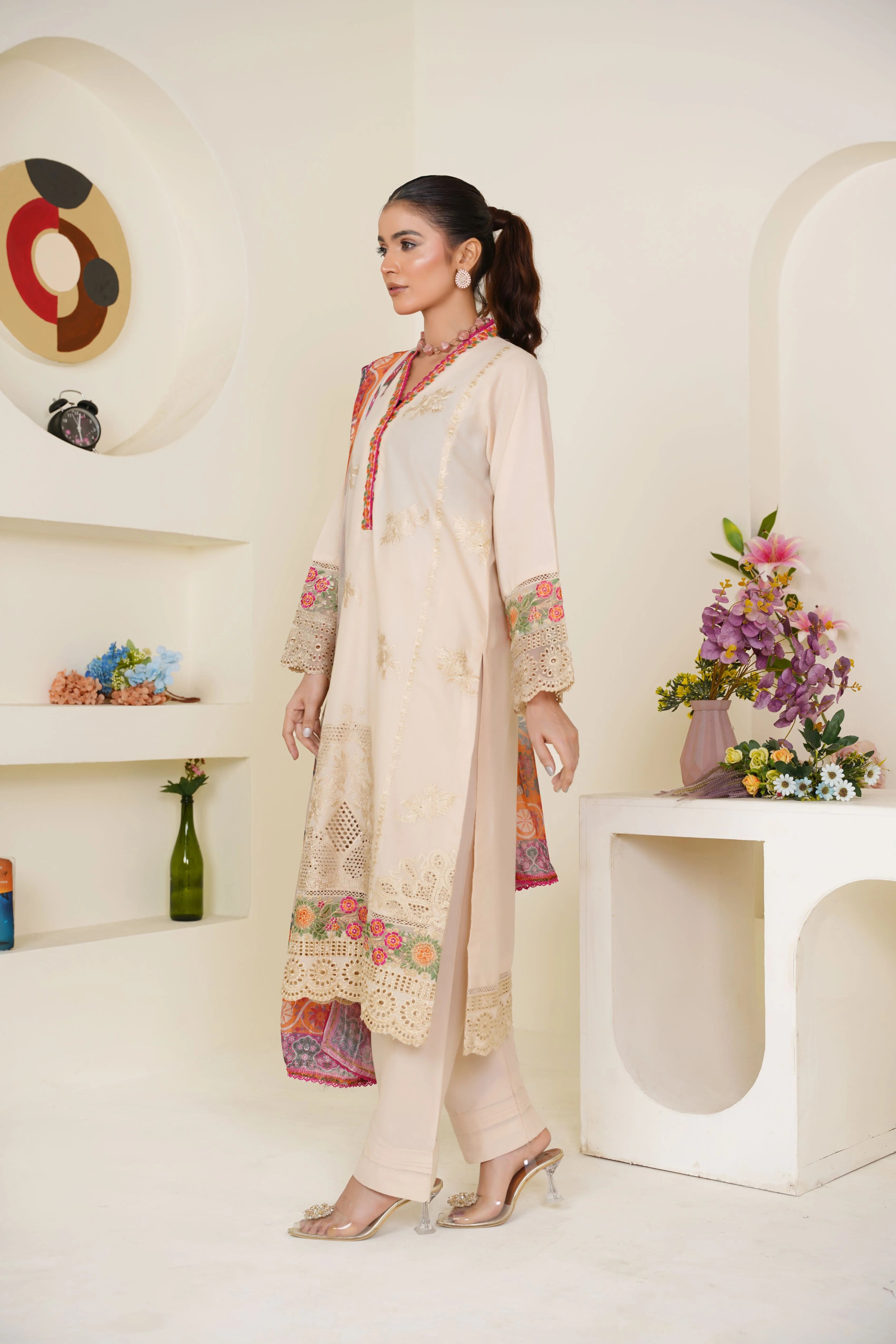 Ivory Cream Embroidered Lawn Pret 3 PCs
