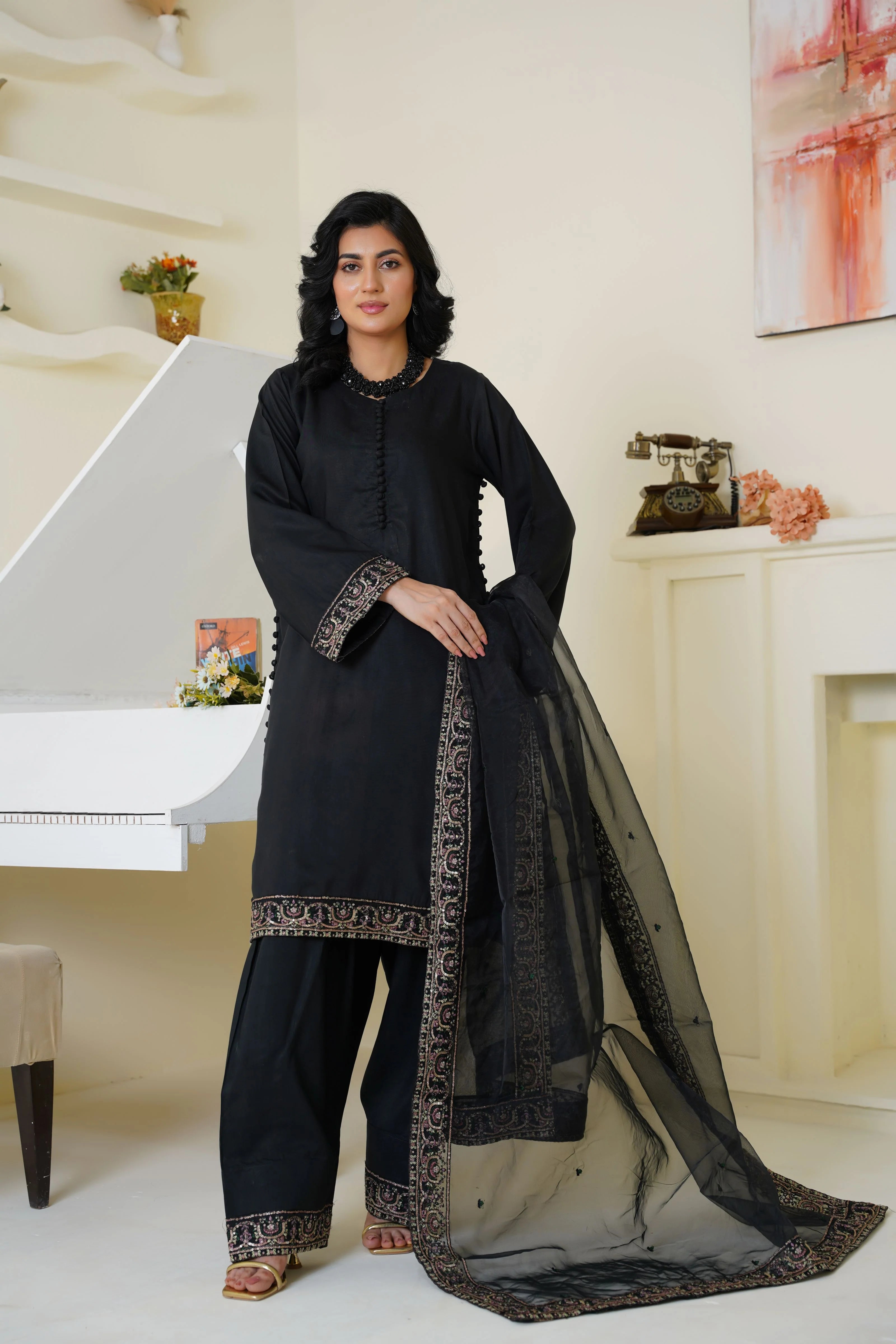 Classic Black Embroidered Viscose Pret 3 PCs