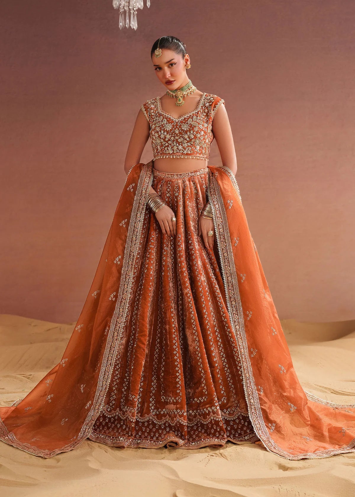 Pakistani bridal lehenga with rich velvet fabric and detailing by Buraqstore