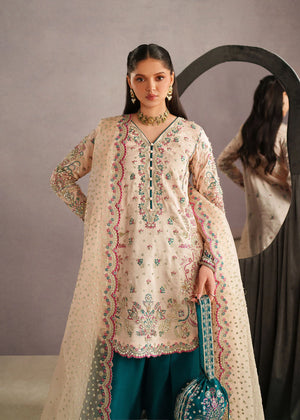 Woman posing in a stylish Ahina embroidered tissue silk 3 piece outfit from the Dastoor collection photos, featured at Buraq Store