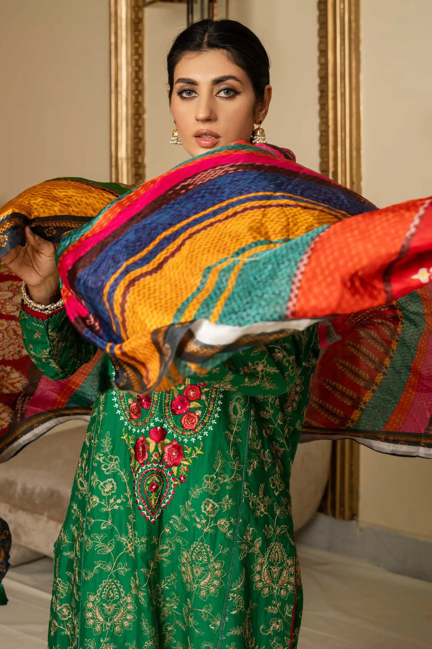 model posing in dark green dress by buraqstore summer look