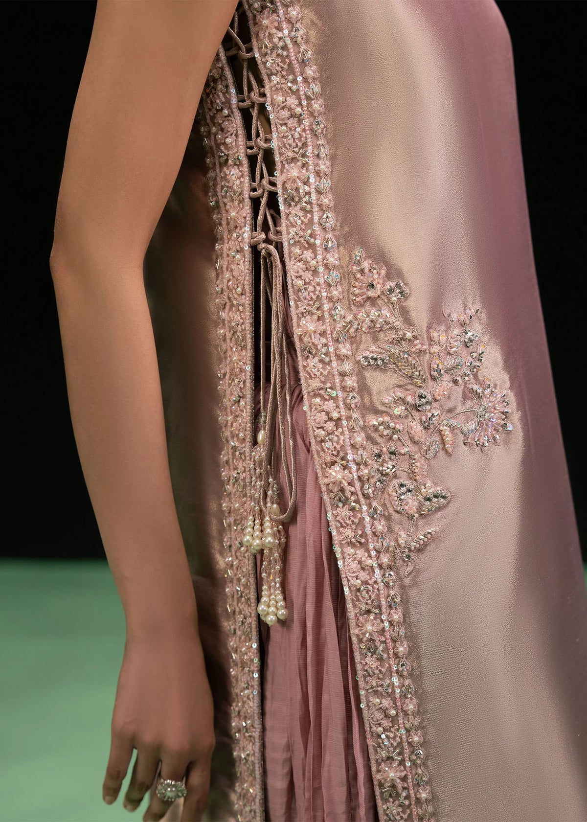 Woman posing in a stylish dusty rose pink Verya 3 piece outfit from the Dastoor collection, featured at Buraq Store