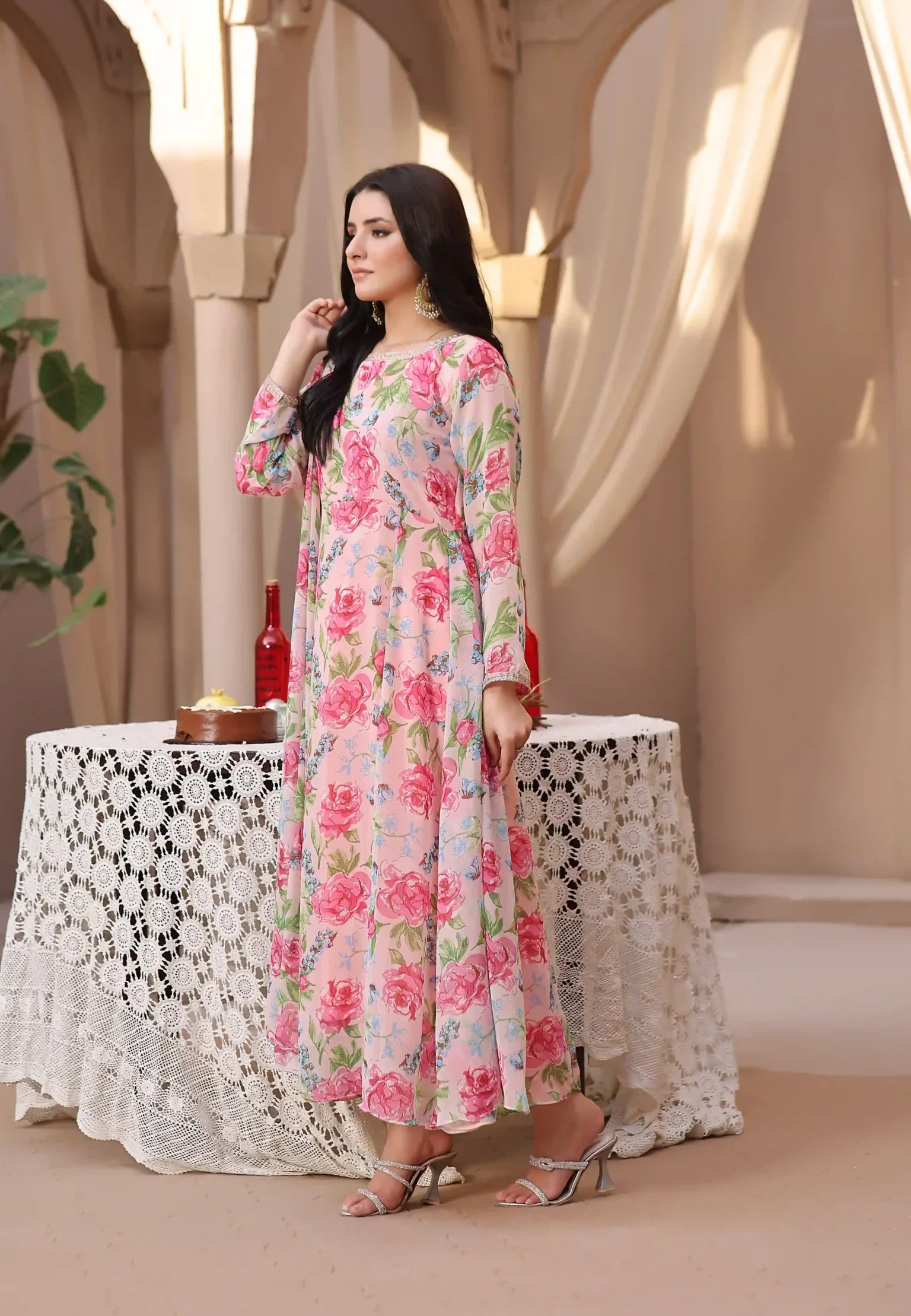 woman posing in chiffon pink dress pret outfit buraqstore stylish look