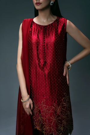 Buraqstore girl posing in red colour dress silk with elegant silhouette