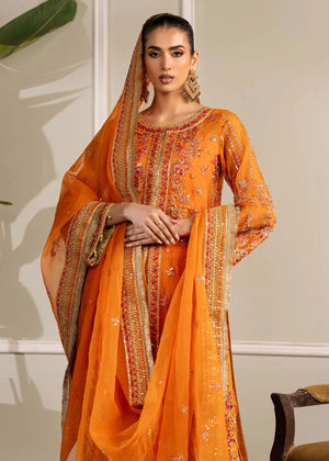 Girl wearing formal orange colour dress with embroidery by buraqstore