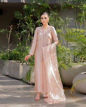 woman posing in pink embroidered silk dress buraqstore
