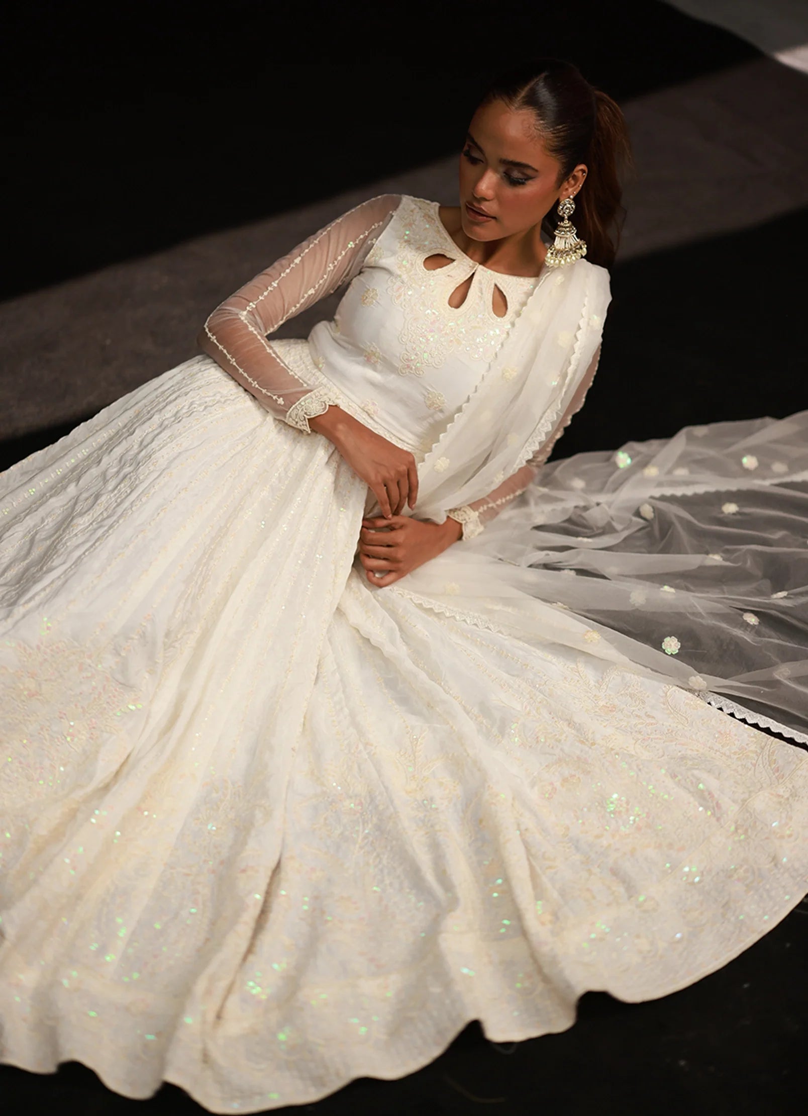 woman posing in white dress pakistani frock style outfit buraqstore