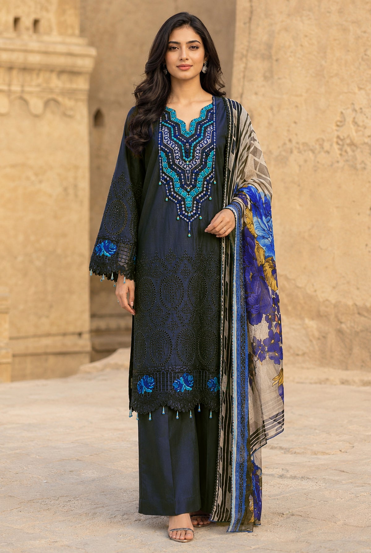 Navy Blue Embroidered Chikankari Shirt 3PC