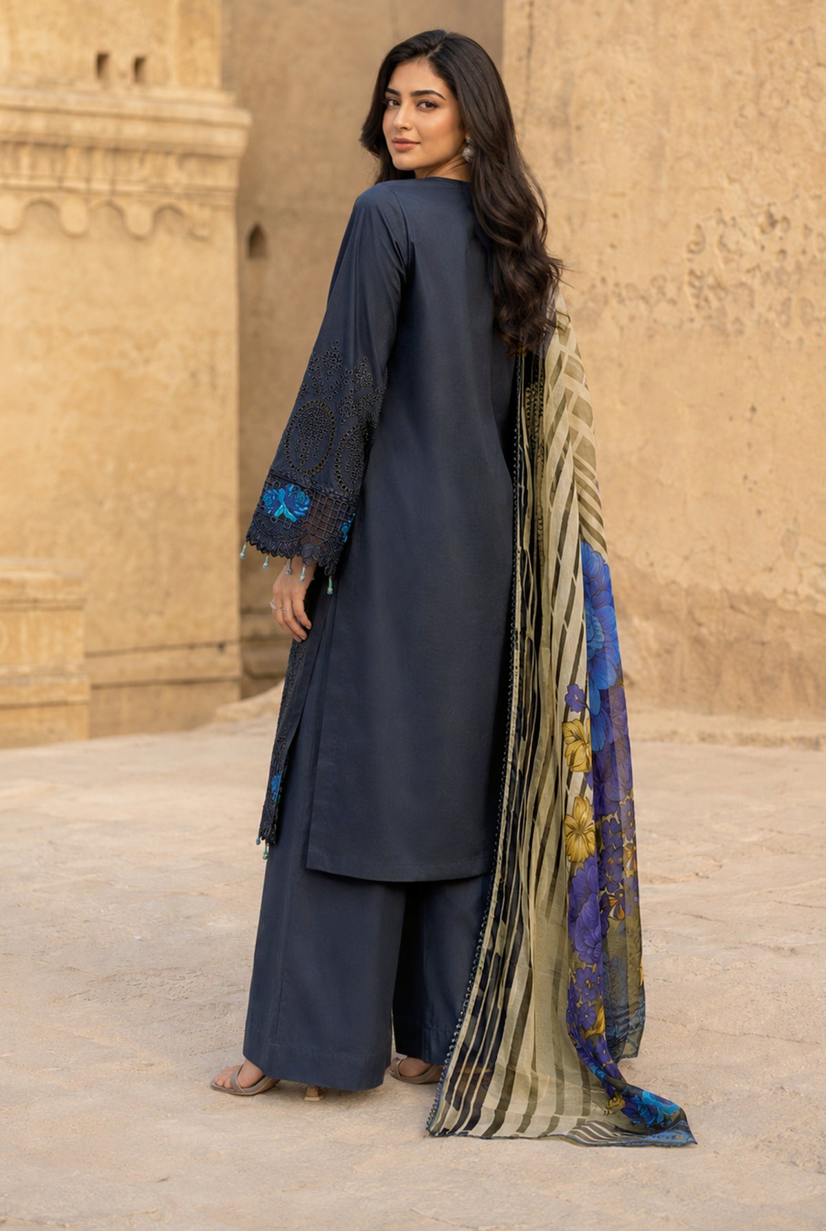 Navy Blue Embroidered Chikankari Shirt 3PC