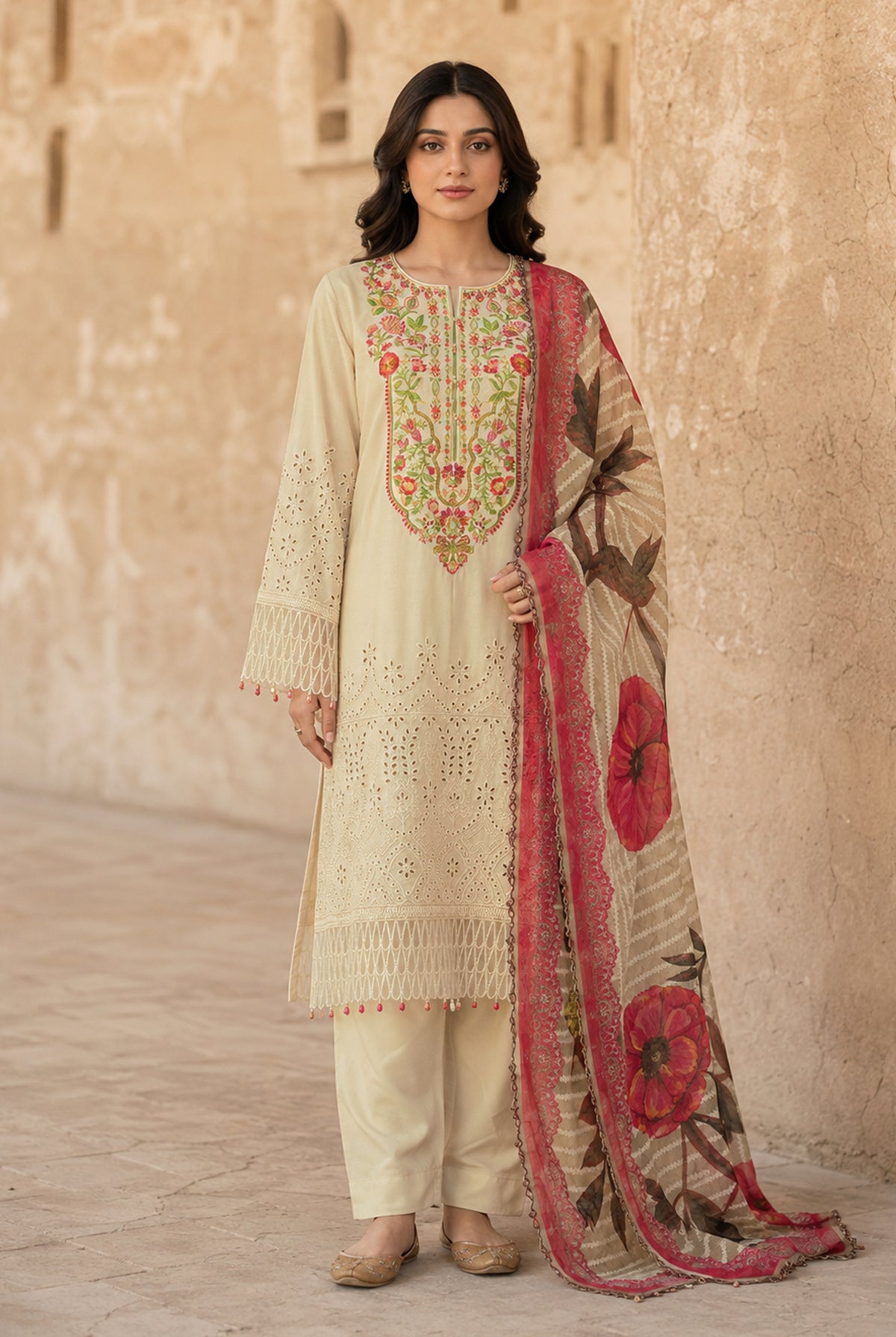 Beige Chikankari Embroidered Kurti 3PC
