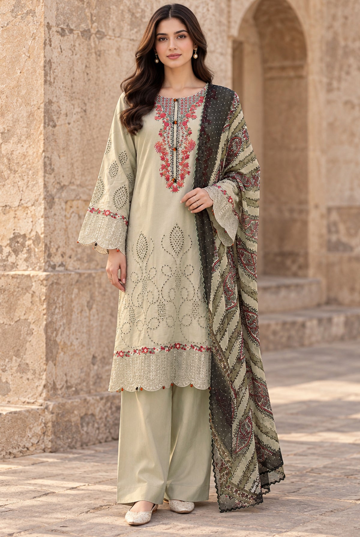 Beige Embroidered Chicken Kari Suit Price in Pakistan