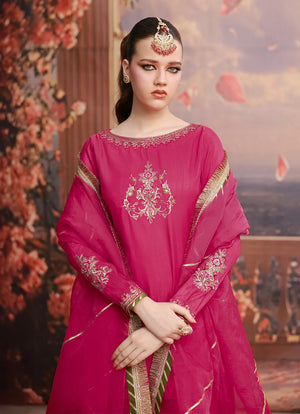 woman posing in pink organza dress pret 3 piece buraqstore