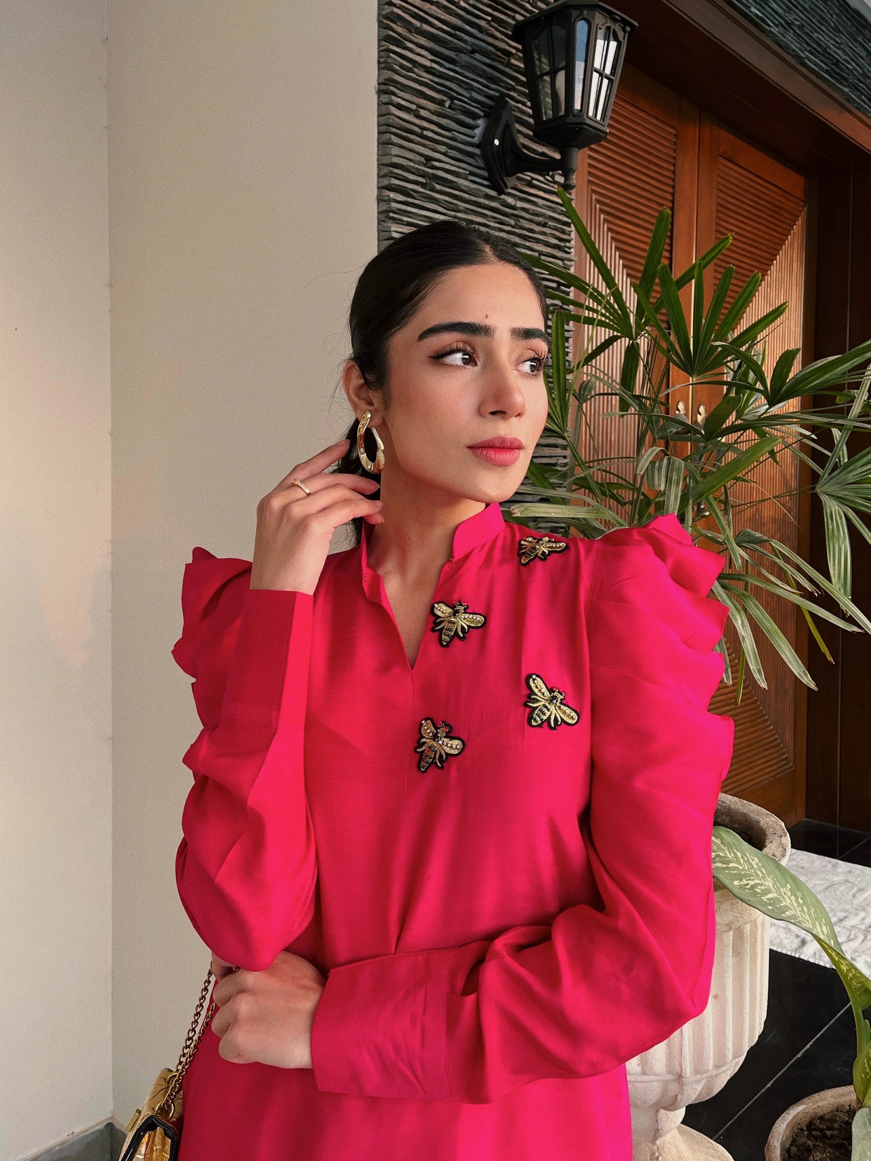 Pink Puffy Sleeves Raw Silk Pret 2 PCs