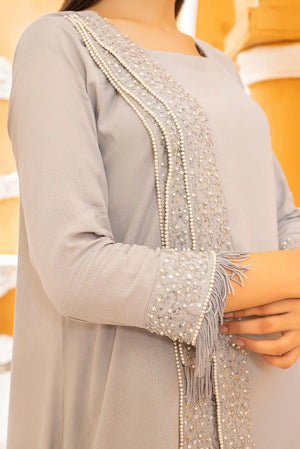 Girl wearing long georgette outfit by Buraqstore with soft drape styling
