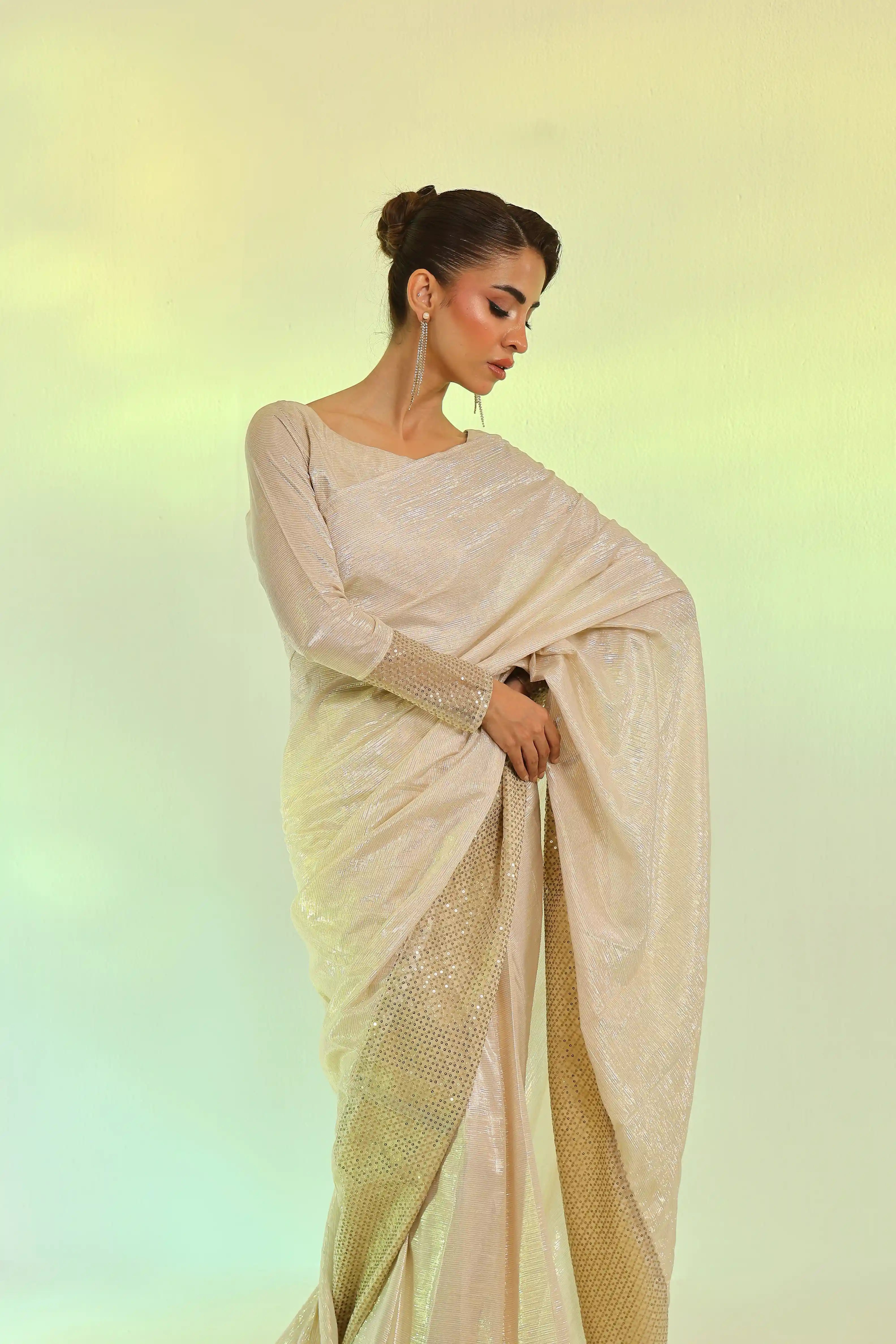 Gilded Glimmer – Zari Chiffon Saree 3Pc