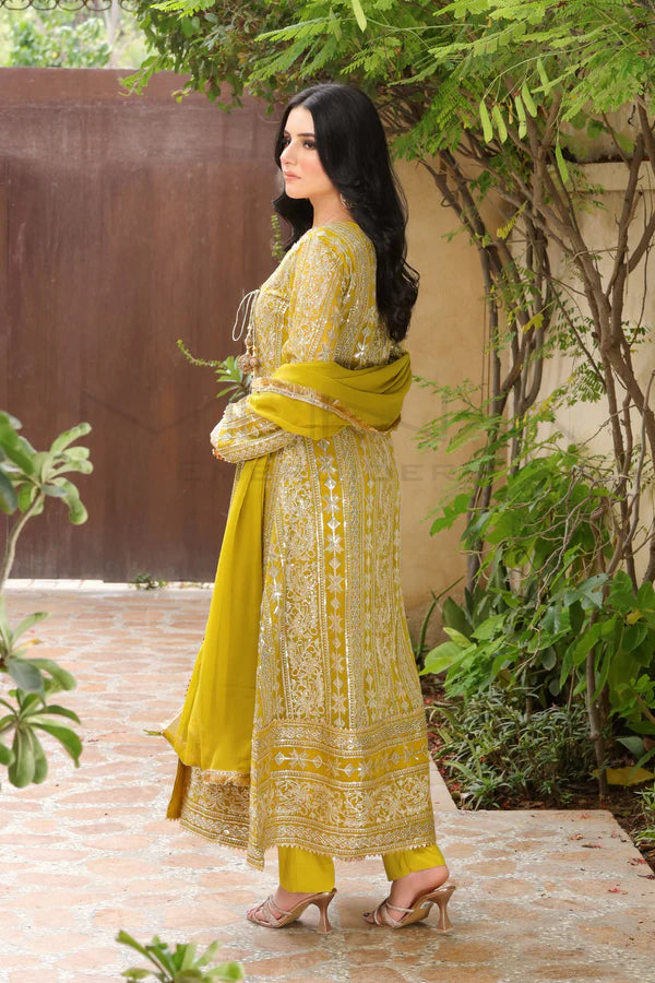 Golden Aura – Mustard Angrakha Style Dress (Chiffon 3PCs)