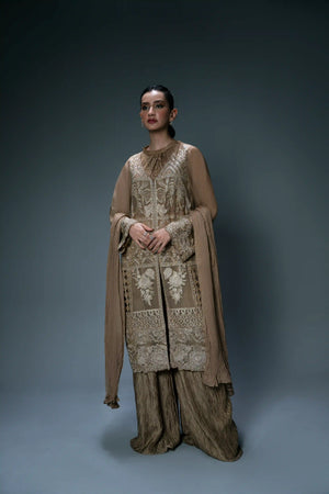 Golden bridal dress Pakistani organza luxury wear at BuraqStore