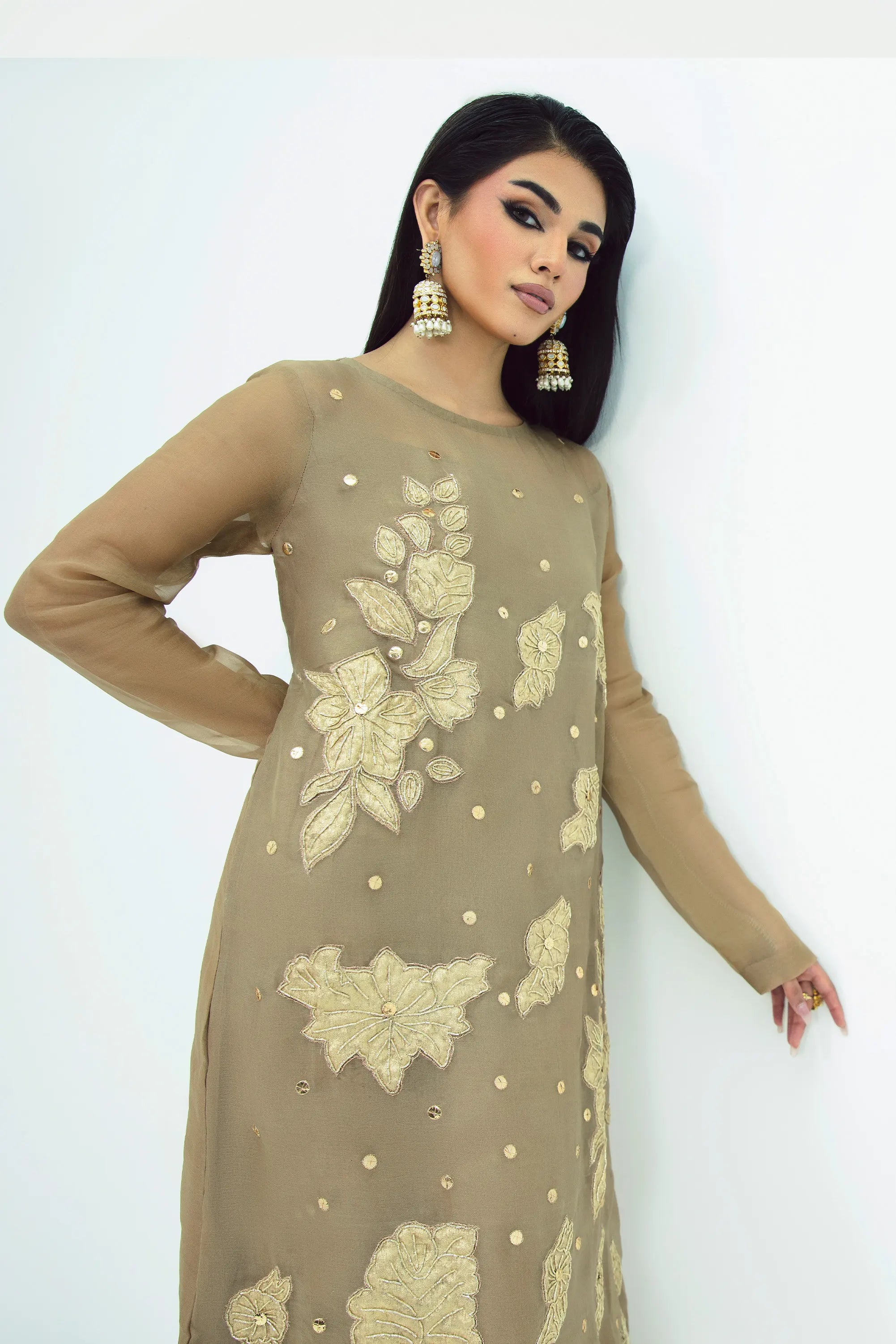 Golden dress Pakistani kaftan formal wear for women at BuraqStore