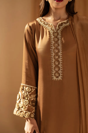 Golden dress for wedding silk formal Pakistani suit at BuraqStore