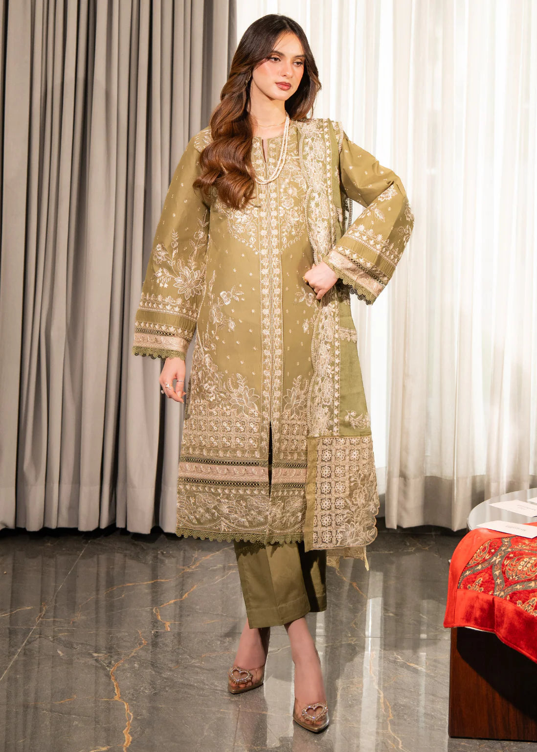 Buraqstore golden chikankari lawn suit stitching design elegant