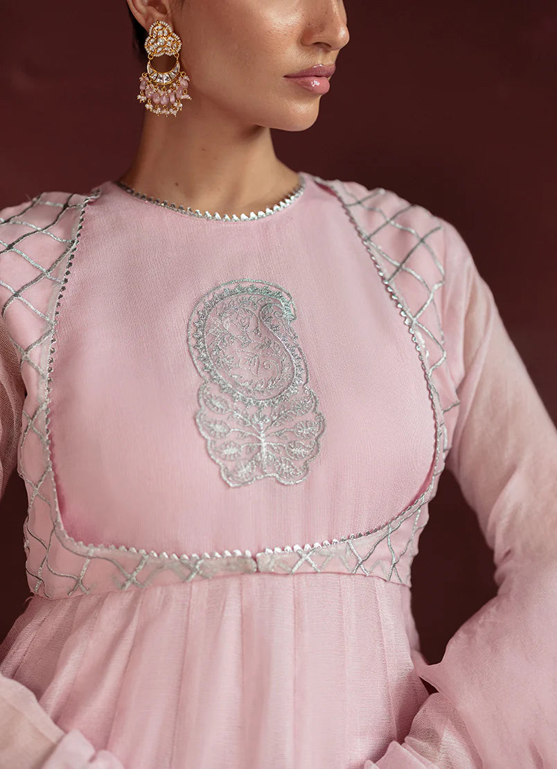 model posing in pink kalidaar dress embroidered buraqstore