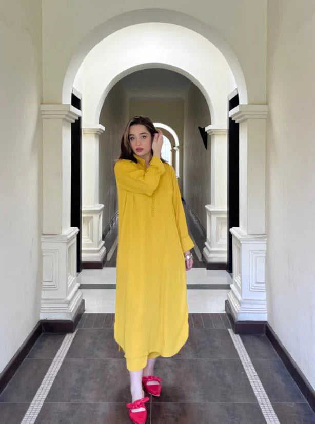 Yellow Long Button Co Ord Set 2 PCs