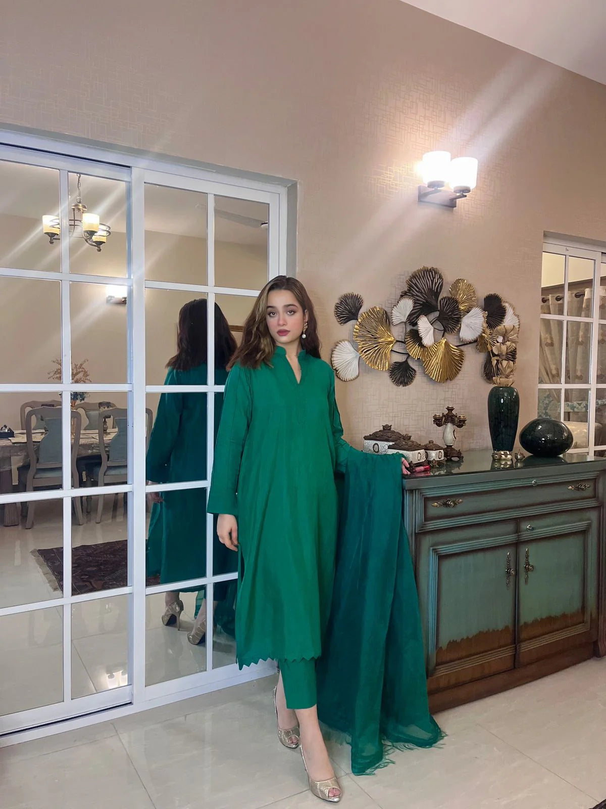 Green Raw Silk outfit with dupatta Pret 3 Pcs