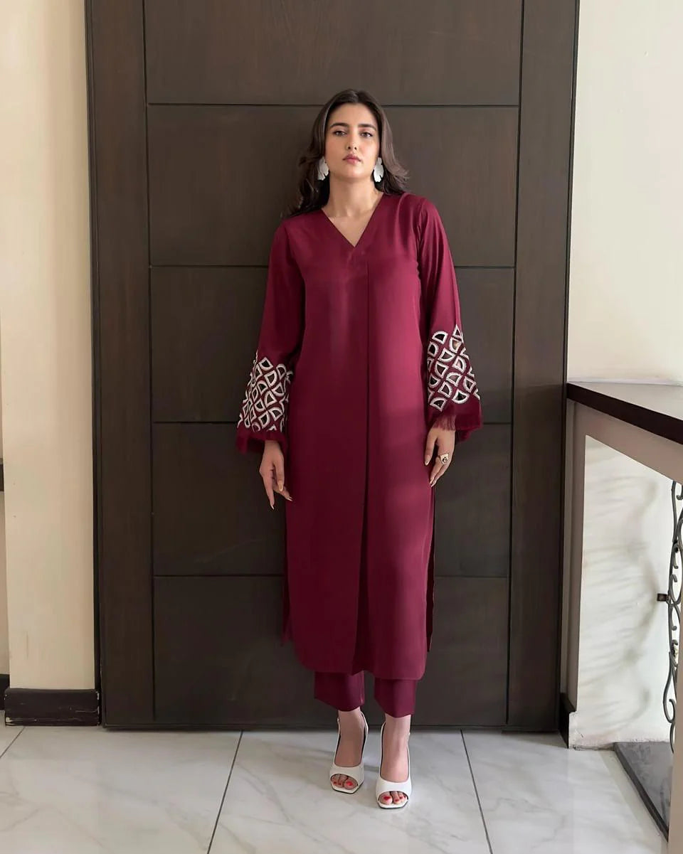 Burgundy Maroon Embroidered Tunic Pret 2 Pcs