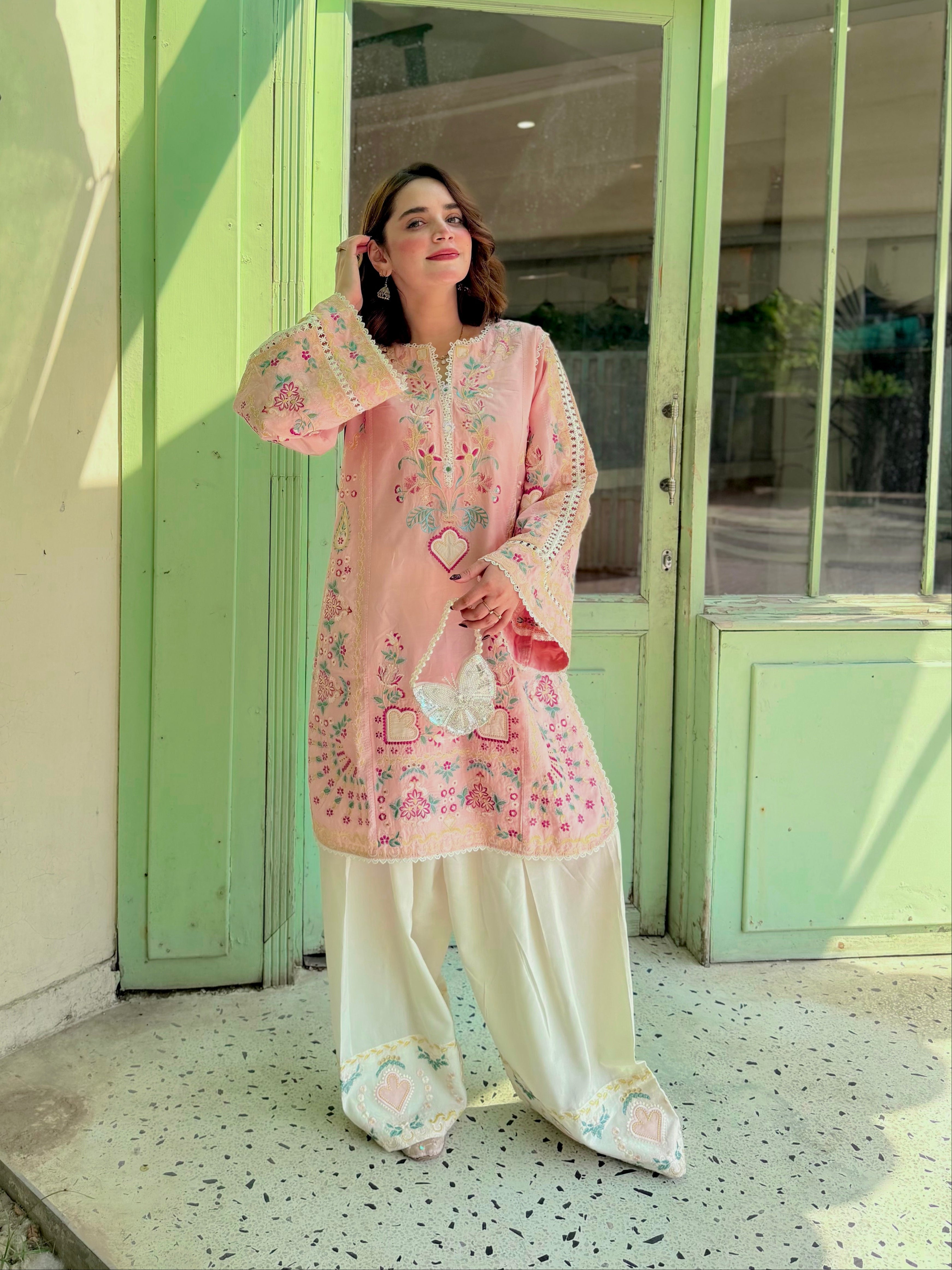 Rosé Romance co-ord set by Buraq Store from summer collection featuring trendy summer dresses for women in Pakistan