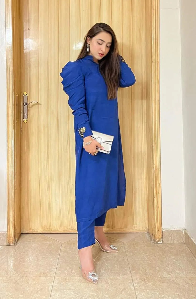 Blue Puffy Sleeves Raw Silk Pret 2 PCs