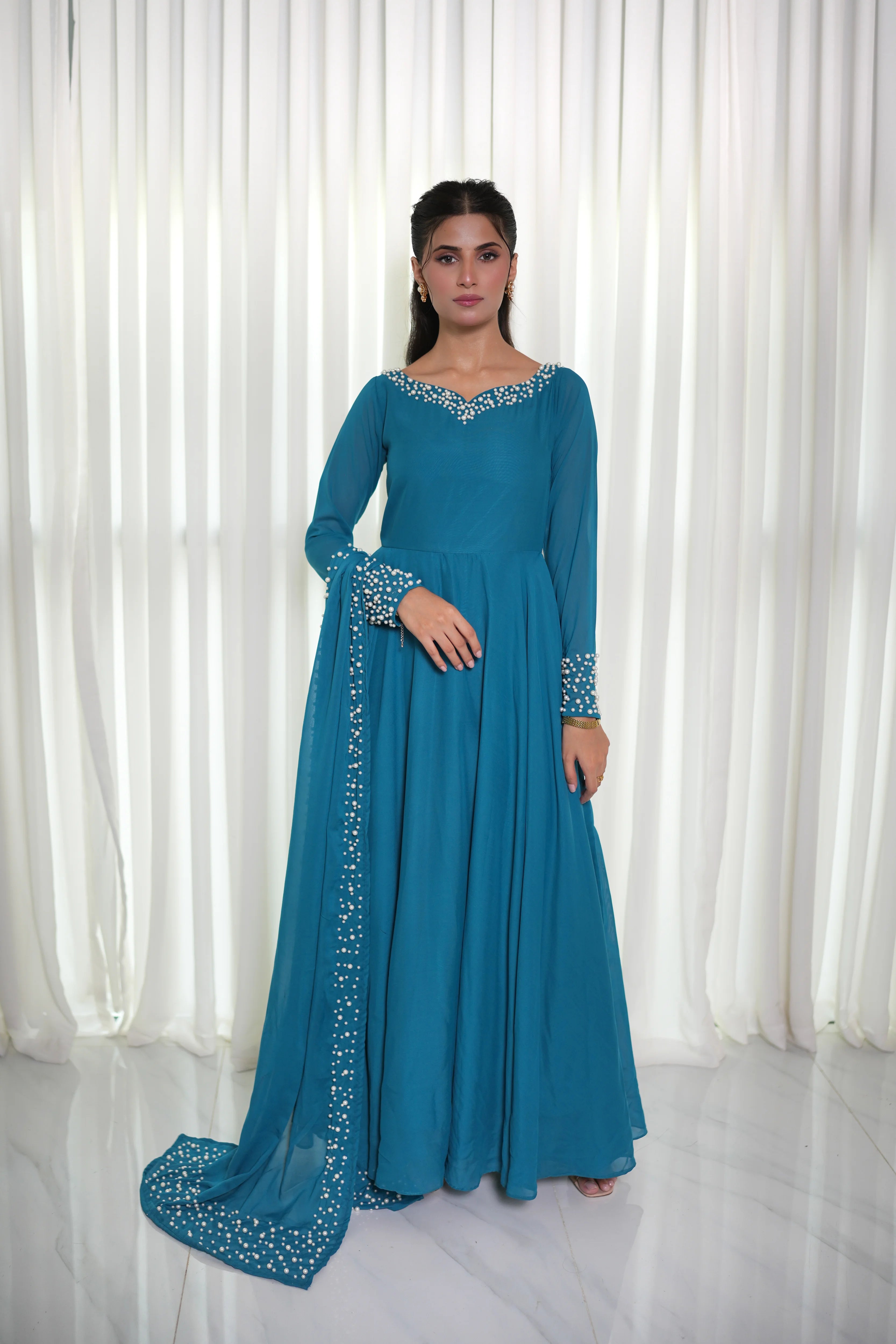 Blue Chiffon Pishwas Pret 2Pcs