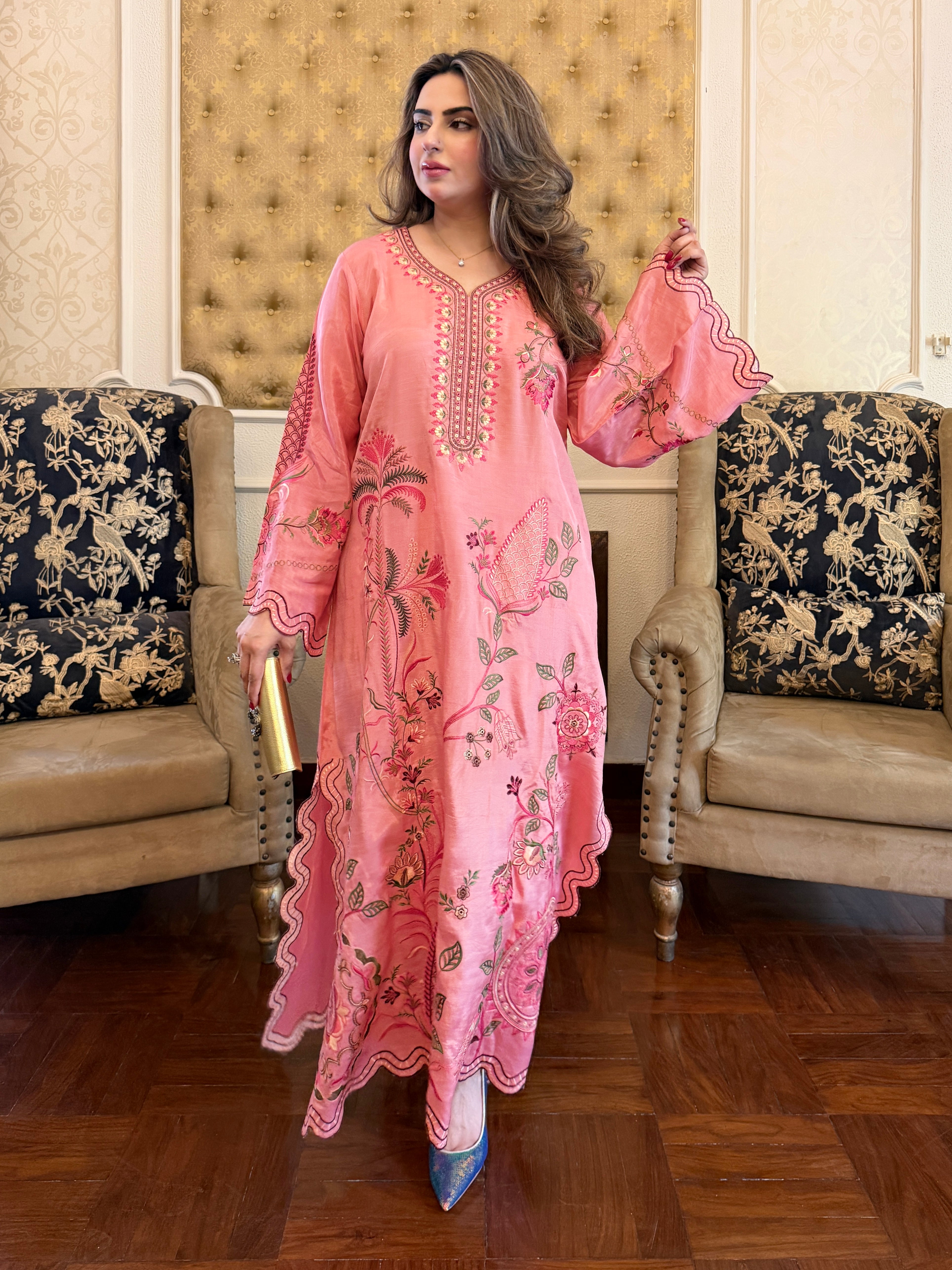 Close detail of pink silk kaftan embroidery by buraqstore Pakistan